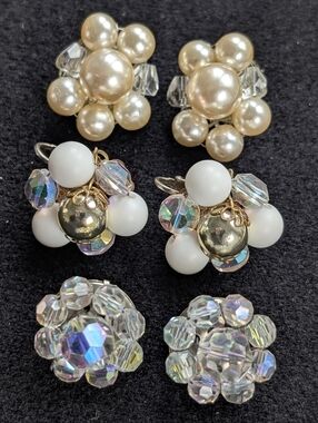 Vintage White & Pearl Cluster Clip-On Earrings Lot Of 3, Japan